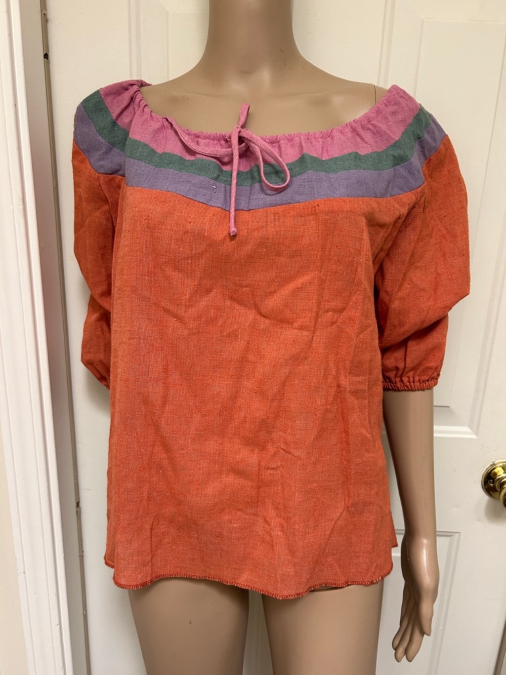 Vintage 70s Off-Shoulder Peasant Blouse Orange with Pink & Purple Trim